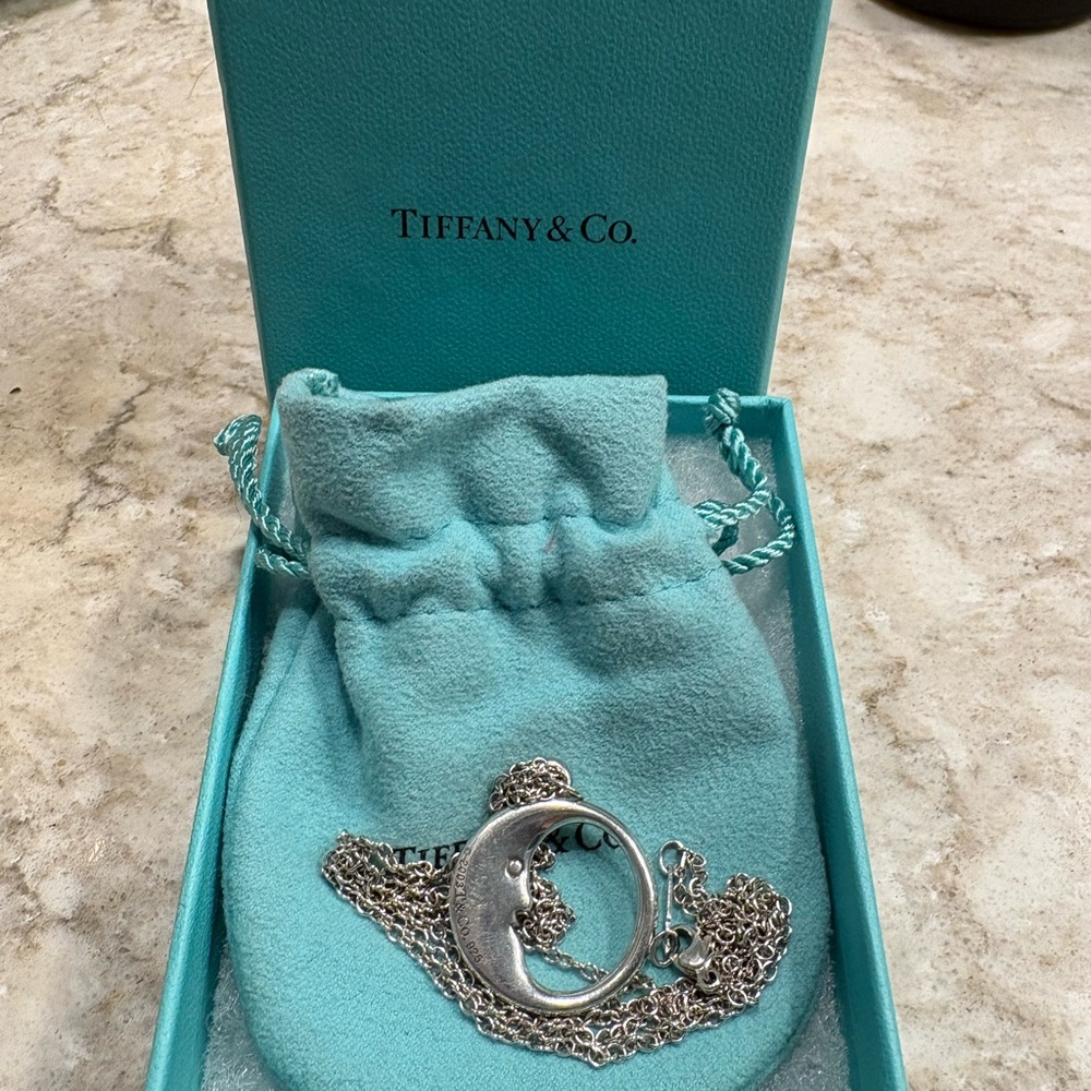 Tiffany & Co. Vintage Silver Crescent Face Moon Pendant Necklace - Picture 2 of 3